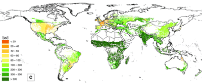 The map shows the estimated increase in biomass production that would be attainable if potential cropping intensities and commercial, market-oriented management practices were utilised.